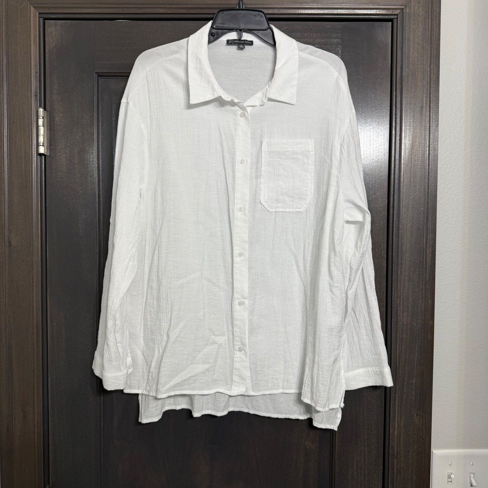 Adrianna Papell Womens‎ XL White Crinkle Button Down Shirt High Low Side Slit